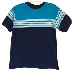 Basic Editions T-Shirt Stripes Dressy Blue Turquoise Navy Cuff Tee Boy 14-16 XL